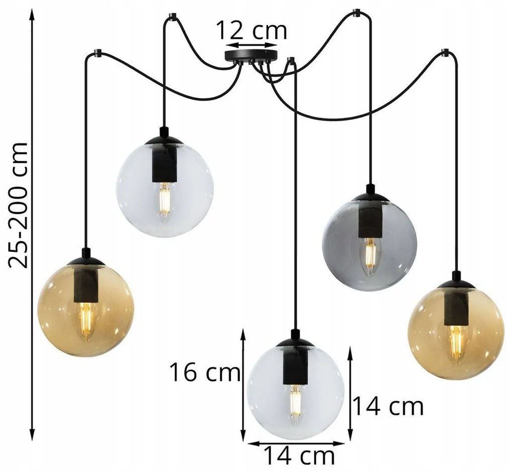 Závesné svietidlo Paris spider, 5x sklenené tienidlo (mix 3 farieb)