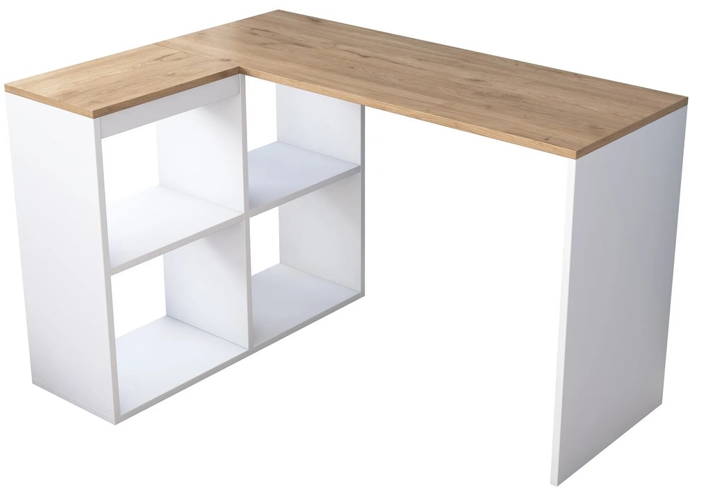 Rohový písací stôl Mario 120 cm s úložným regálom dub prírodný/biely