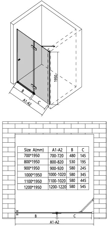 Erga Bern, 1-krídlové delené sprchové dvere do otvoru 110x195 cm, 6mm číre sklo, čierny profil, ERG-V02-BERN-D110-BK