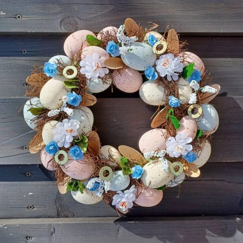 DECOLED Velikonoční věnec, 30 x 8 cm, modré kvítky a vajíčka