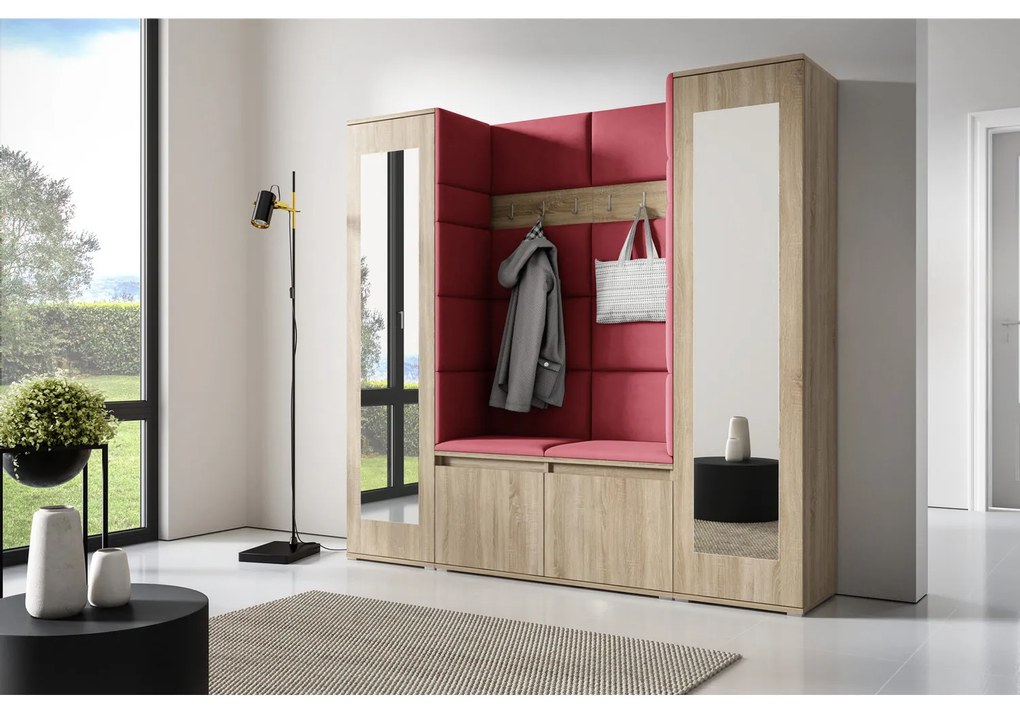 Predsieňová stena AMI 31 So zrkadlom Dub sonoma Tmavo červená