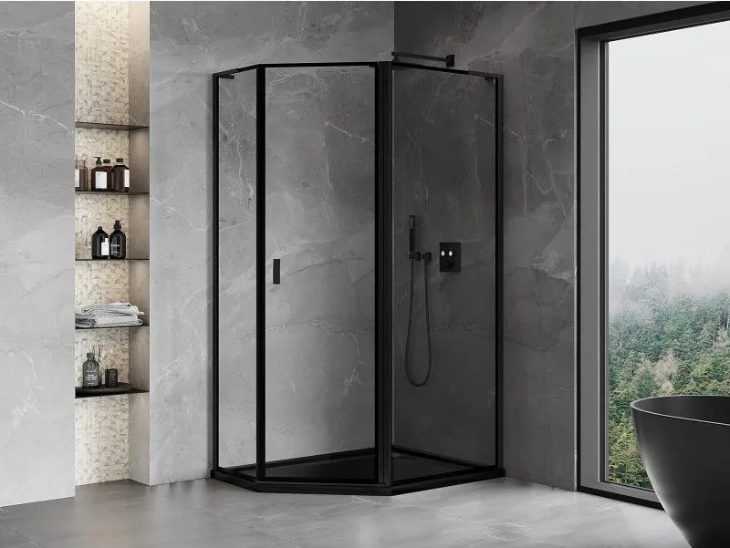 Mexen Mist L, päťuholníkový sprchový kút s krídlovými dverami, 90 x 80 cm, 8mm číre sklo, čierny profil, 8A8L-090-080-70-70-P