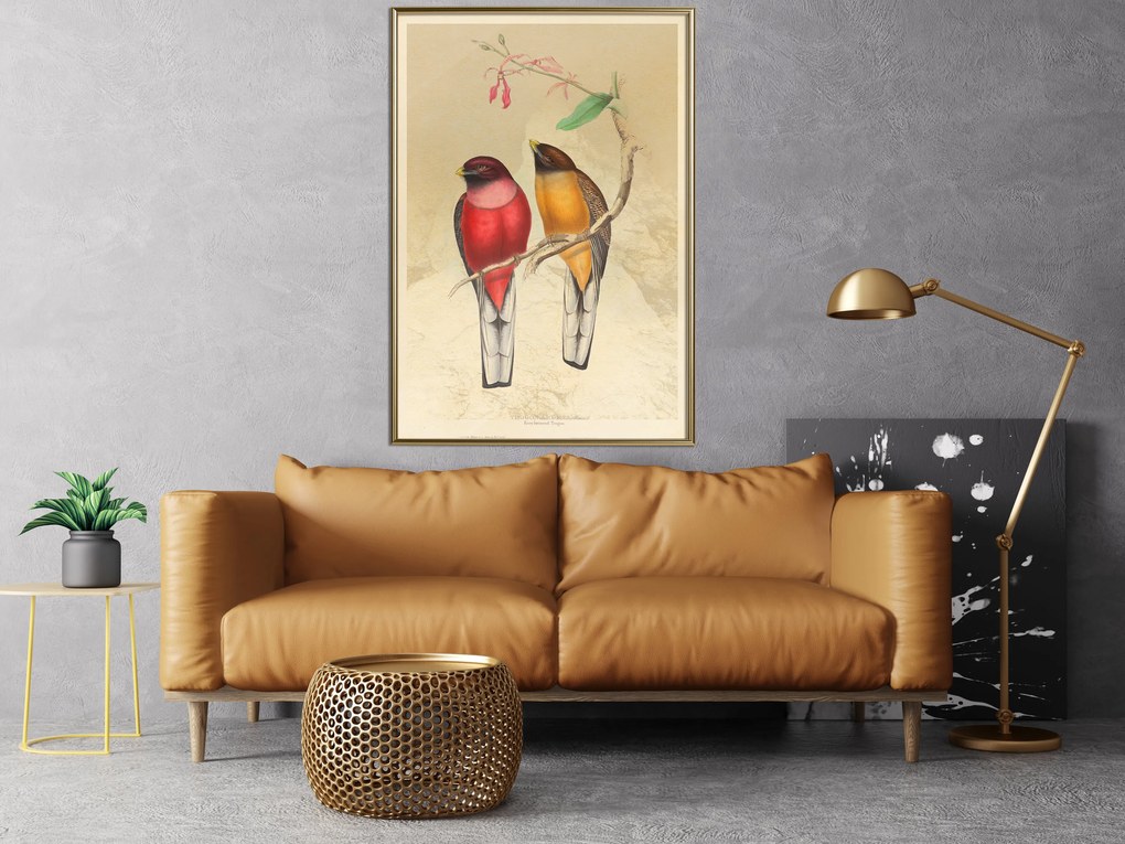 Artgeist Plagát - Birds Twig [Poster] Veľkosť: 30x45, Verzia: Zlatý rám s passe-partout