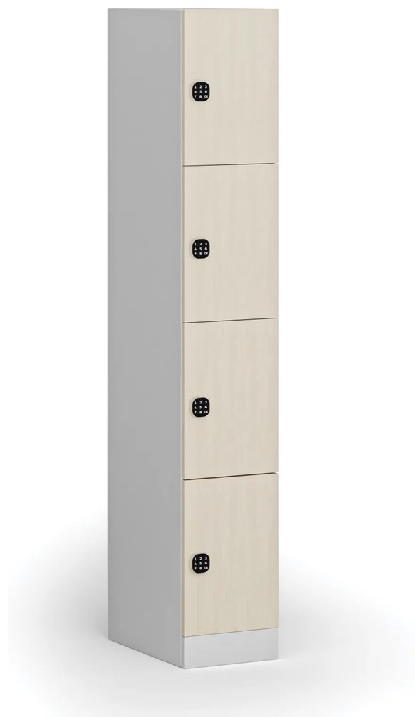 Šatníková skrinka s úložnými boxmi, 4 boxy, 1850 x 300 x 500 mm, kódový zámok, laminované dvere, breza