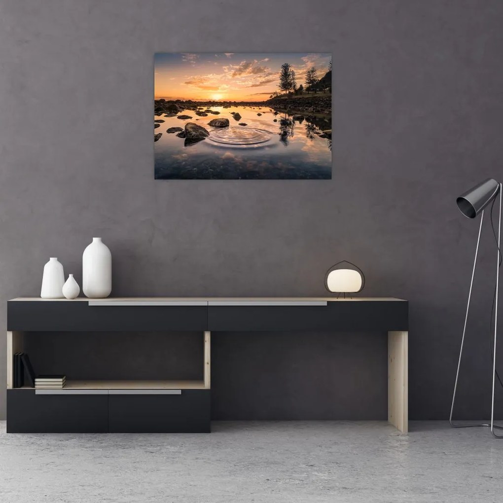 Sklenený obraz - Západ slnka pri jazere (70x50 cm)