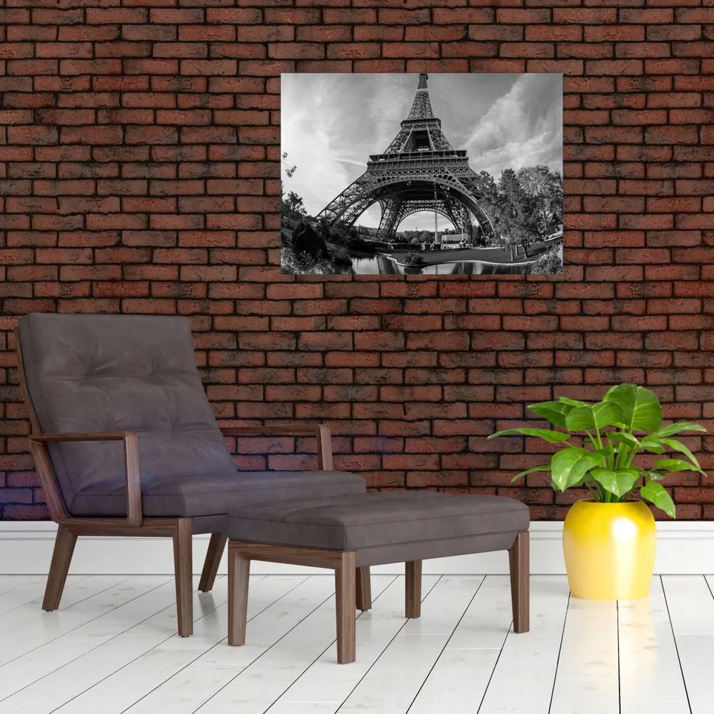 Sklenený obraz - Eiffelova veža, čiernobiela (70x50 cm)