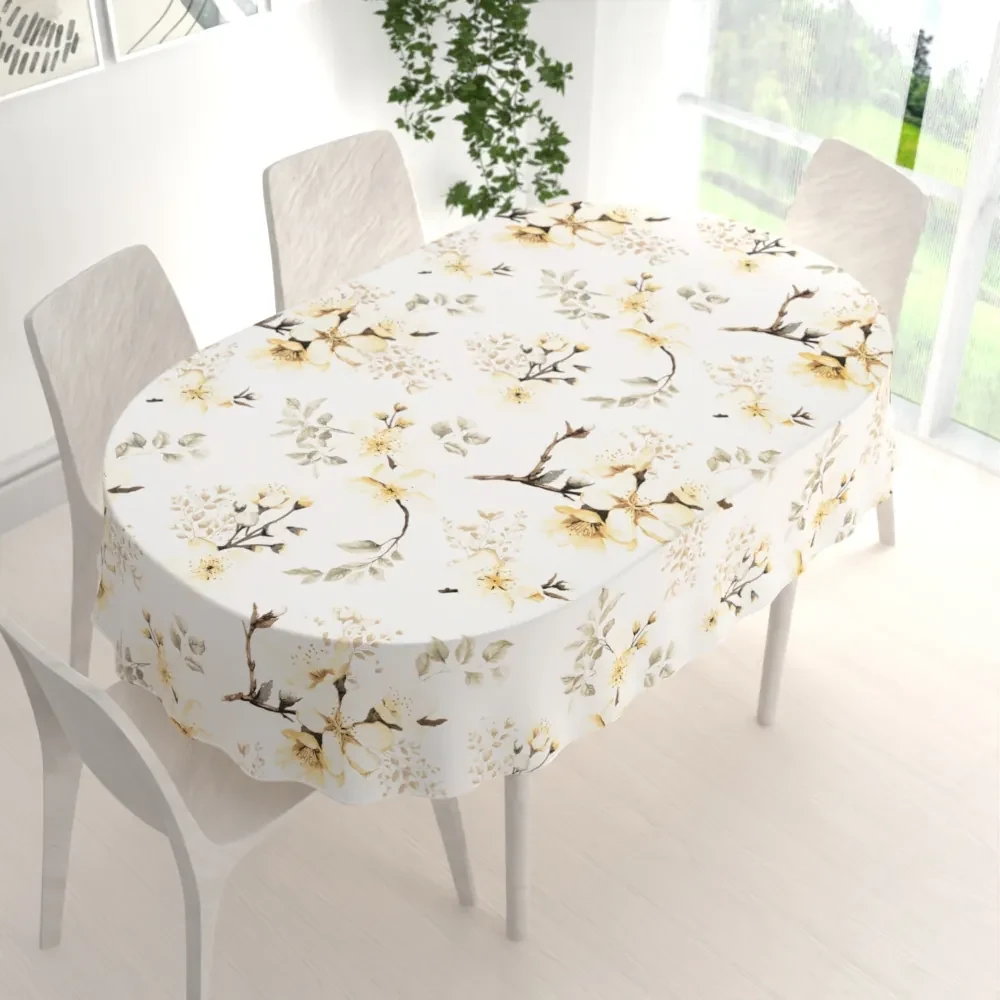 Biante Bavlnený oválny obrus Sandra SA-582 Žlté kvety s vetvičkami na bielom 140x160 cm
