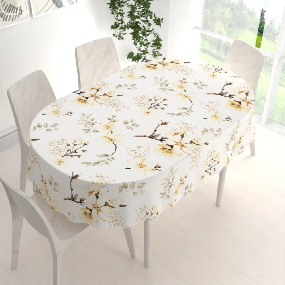 Biante Bavlnený oválny obrus Sandra SA-582 Žlté kvety s vetvičkami na bielom 140x180 cm
