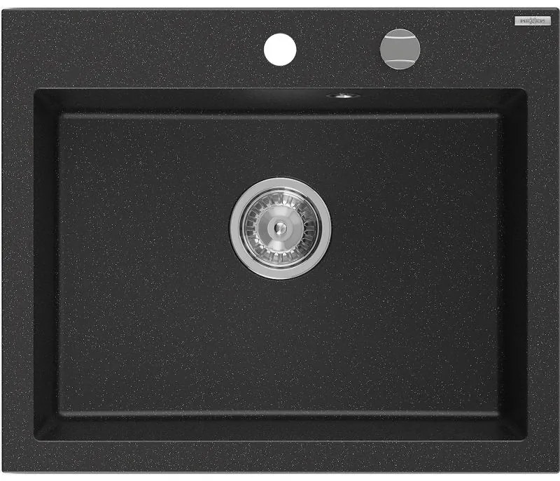 Mexen Eliz, 1-komorový granitový drez 600 x 500 mm, čierna/strieborná metalíza, chrómový sifón - 6525601005-73