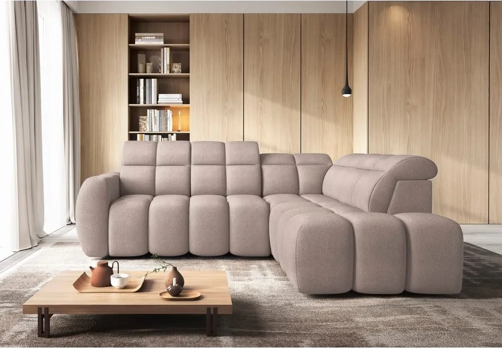 Svetlohnedá rozkladacia/s úložným priestorom rohová pohovka z textílie buklé (pravý roh/do L) Falconn – ELTAP