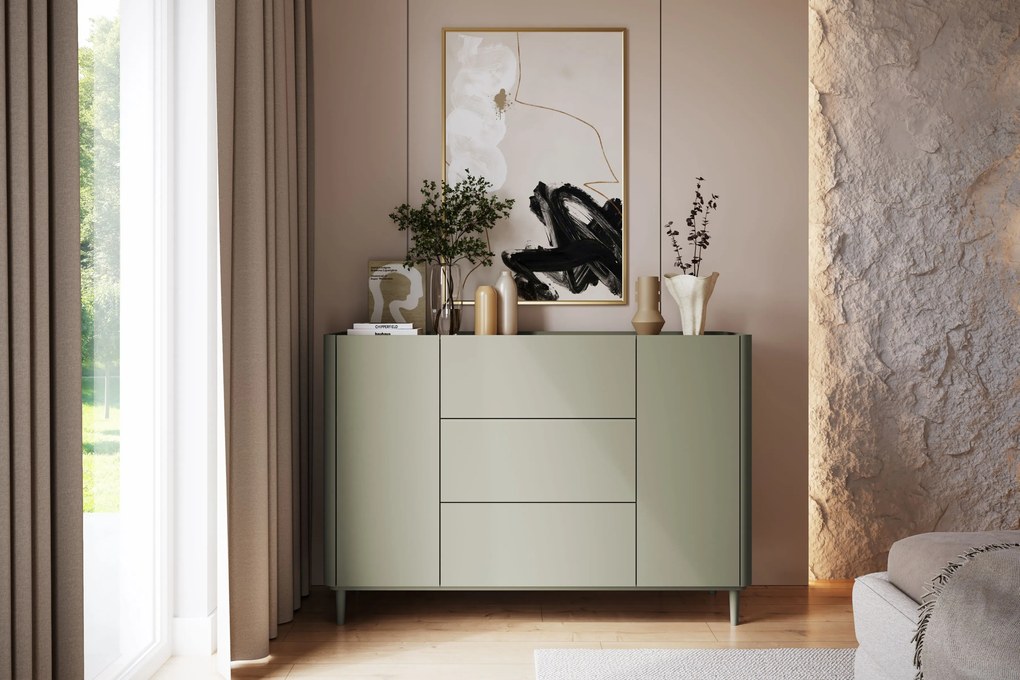 Komoda Elivo 150 cm so zásuvkami na nožičkách - eukalyptus / dub baltic dune