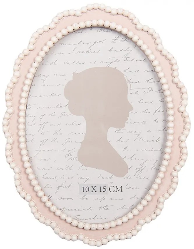 Ružový oválny fotorámik s bielymi perličkami - 13*2*18 cm / 10*15 cm