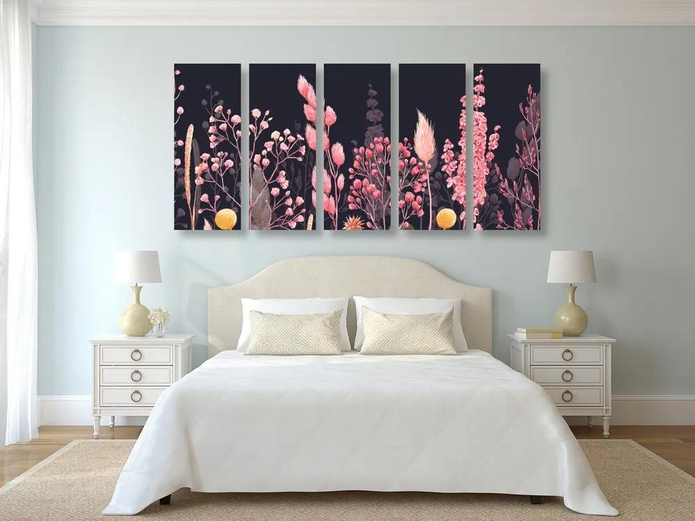 5-dielny obraz variácie trávy v ružovej farbe - 100x50