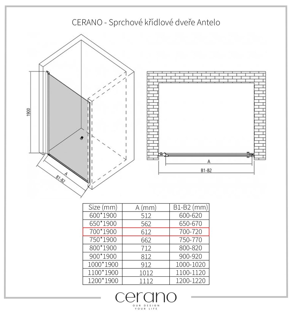 CERANO - Sprchové krídlové dvere Antelo L/P - čierna matná, transparentné sklo - 70x190 cm, CER-CER-481747