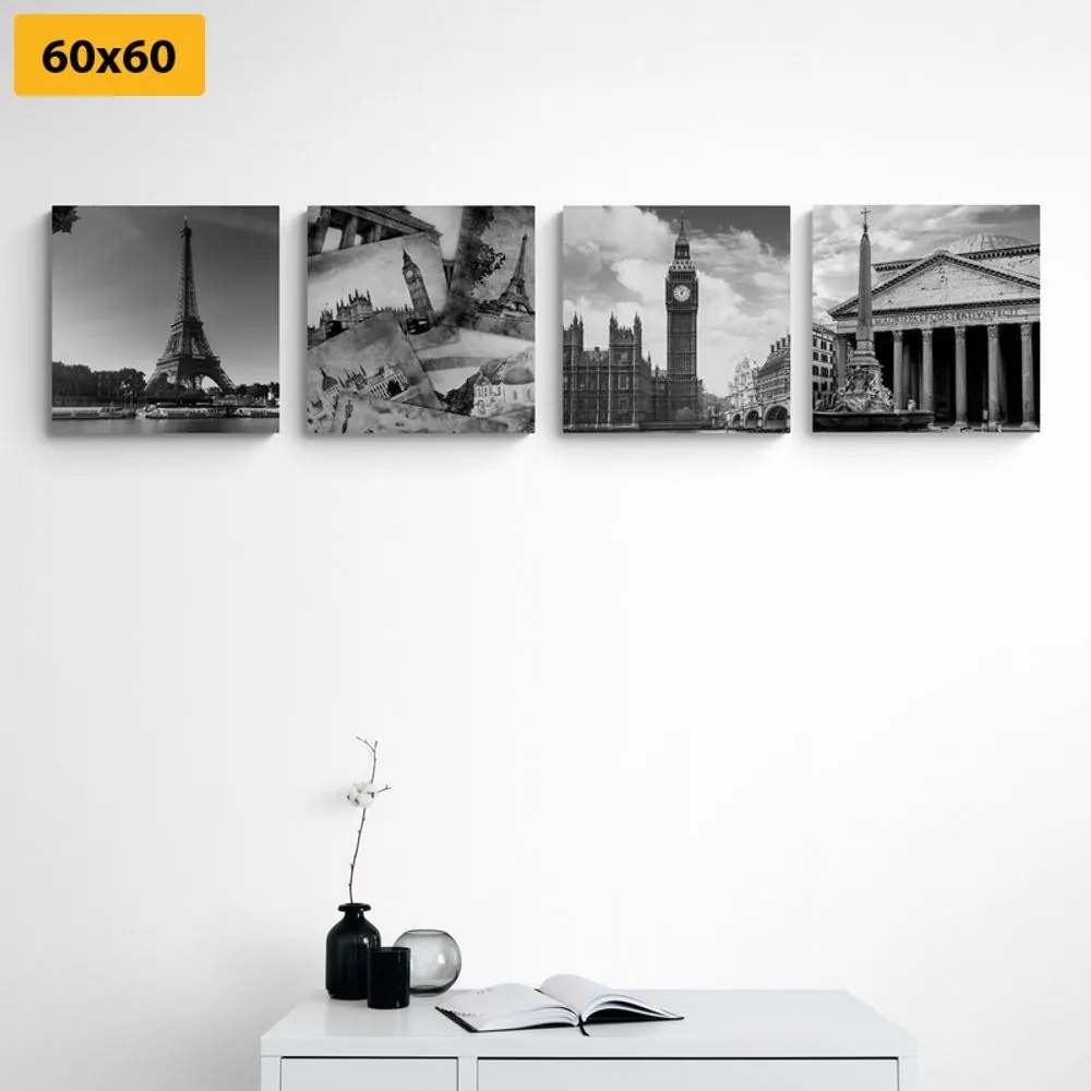 Set obrazov historické pamiatky v čiernobielom prevedení - 4x 60x60