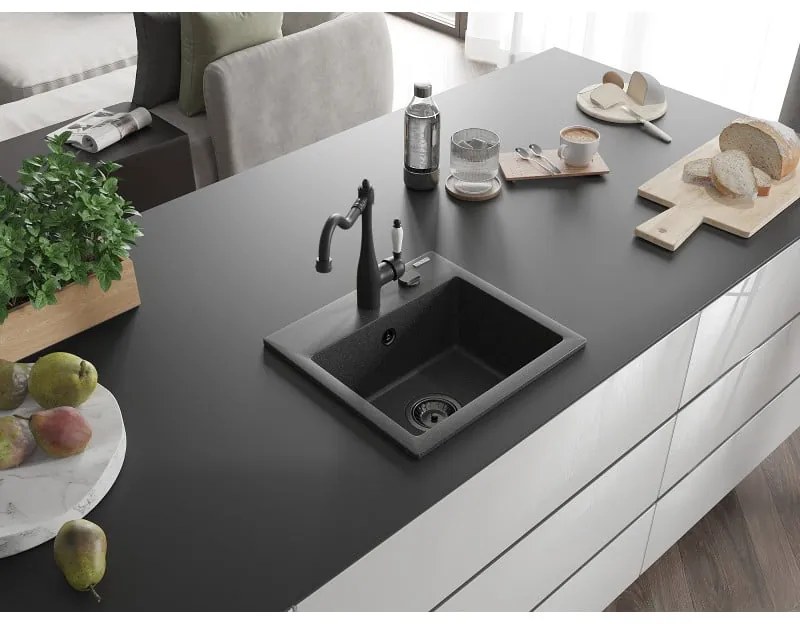 Mexen Milo, granitový drez 435x410x171 mm, 1-komorový a drezová batéria Carla, čierna škvrnitá, 6505-76-670700-70-B