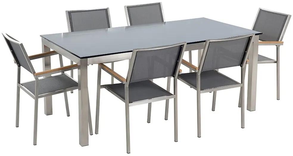 Sada záhradného nábytku stôl so sklenenou doskou 180 x 90 cm 6 sivých stoličiek GROSSETO Beliani