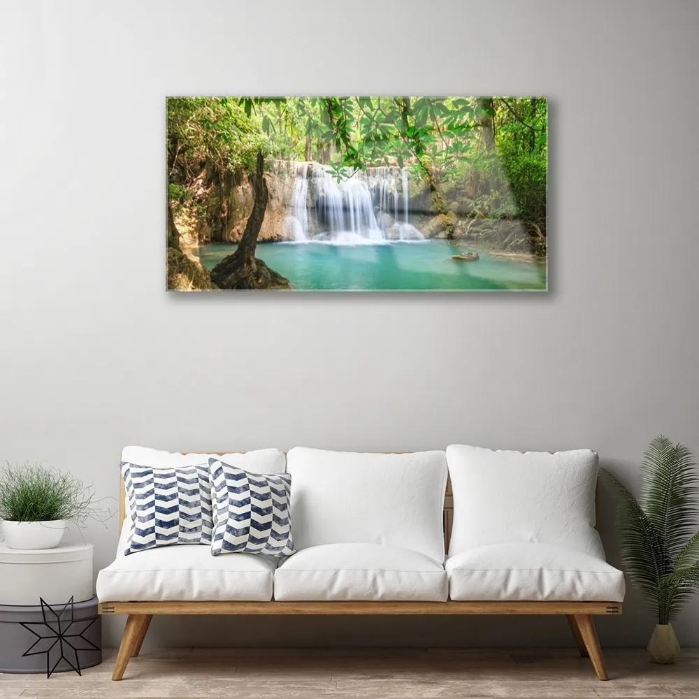 Skleneny obraz Vodopád jazero les príroda 100x50 cm