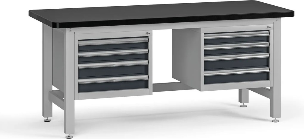 Pracovný stôl do dielne G4 s 2 závesnými boxami na náradie, MDF + PVC doska, 8 zásuviek, 1800 x 750 x 800 mm, grafit