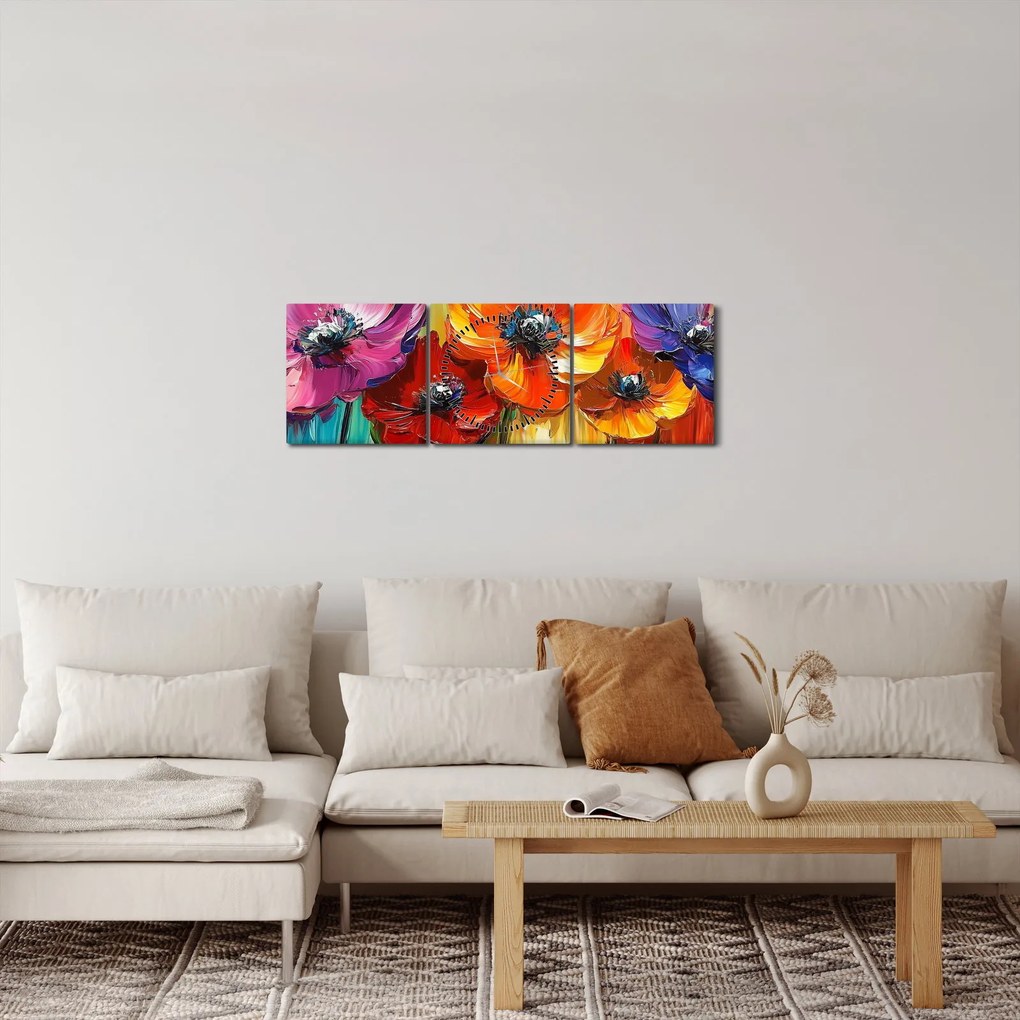 Obraz - Päť pestrofarebných kvetov (s hodinami) (90x30 cm)