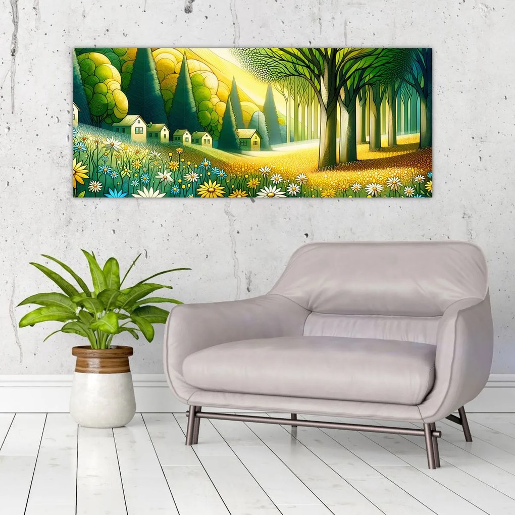 Obraz - Dedina v žlto-zelenej (120x50 cm)