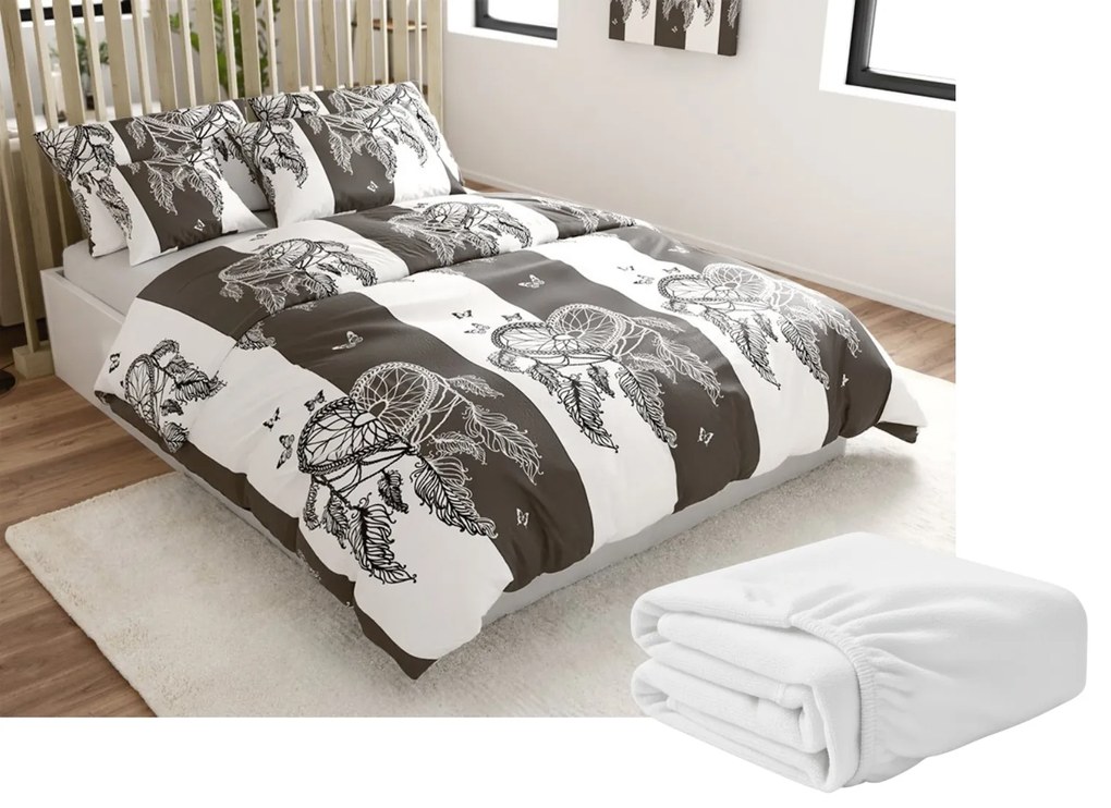 Sada mikroplyšových obliečok TIRSO sivo-biele + plachta mikroplyš SOFT 90x200 cm biela, jednolôžko