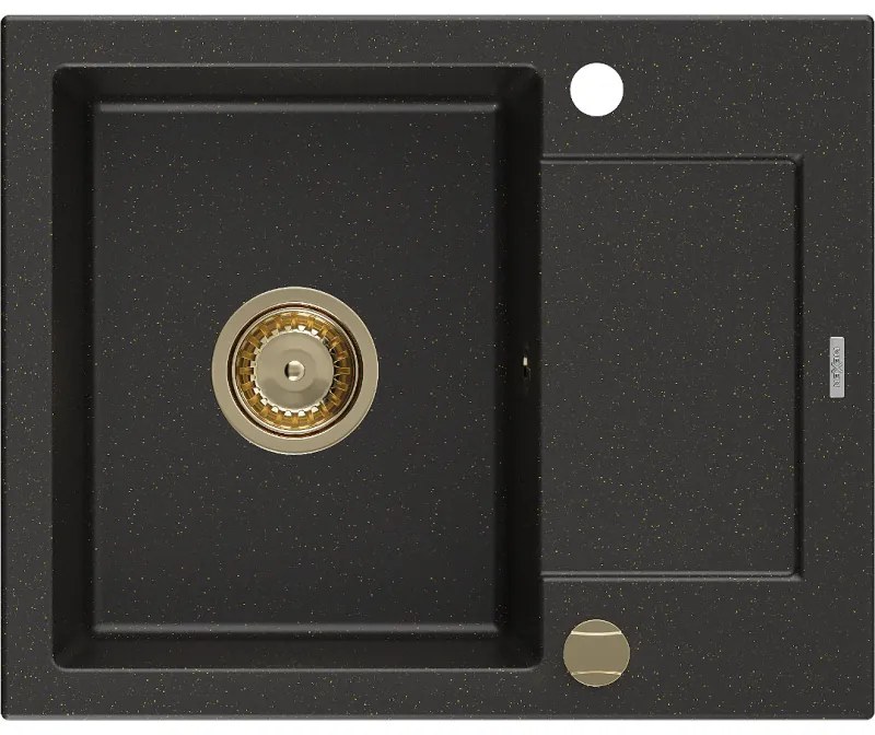 Mexen Enzo, granitový drez 576x465x174 mm, 1-komorový, čierna-zlatá metalíza so zlatým sifónom, 6506571005-75-G