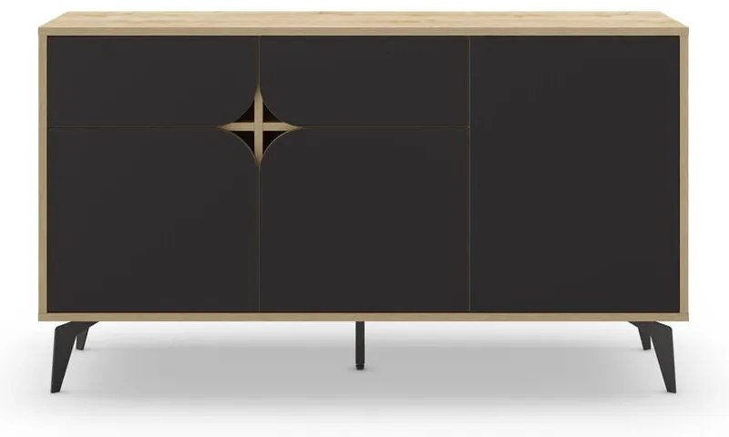 Nízka komoda v dekore duba v čierno-prírodnej farbe 140x79 cm Nola – Marckeric