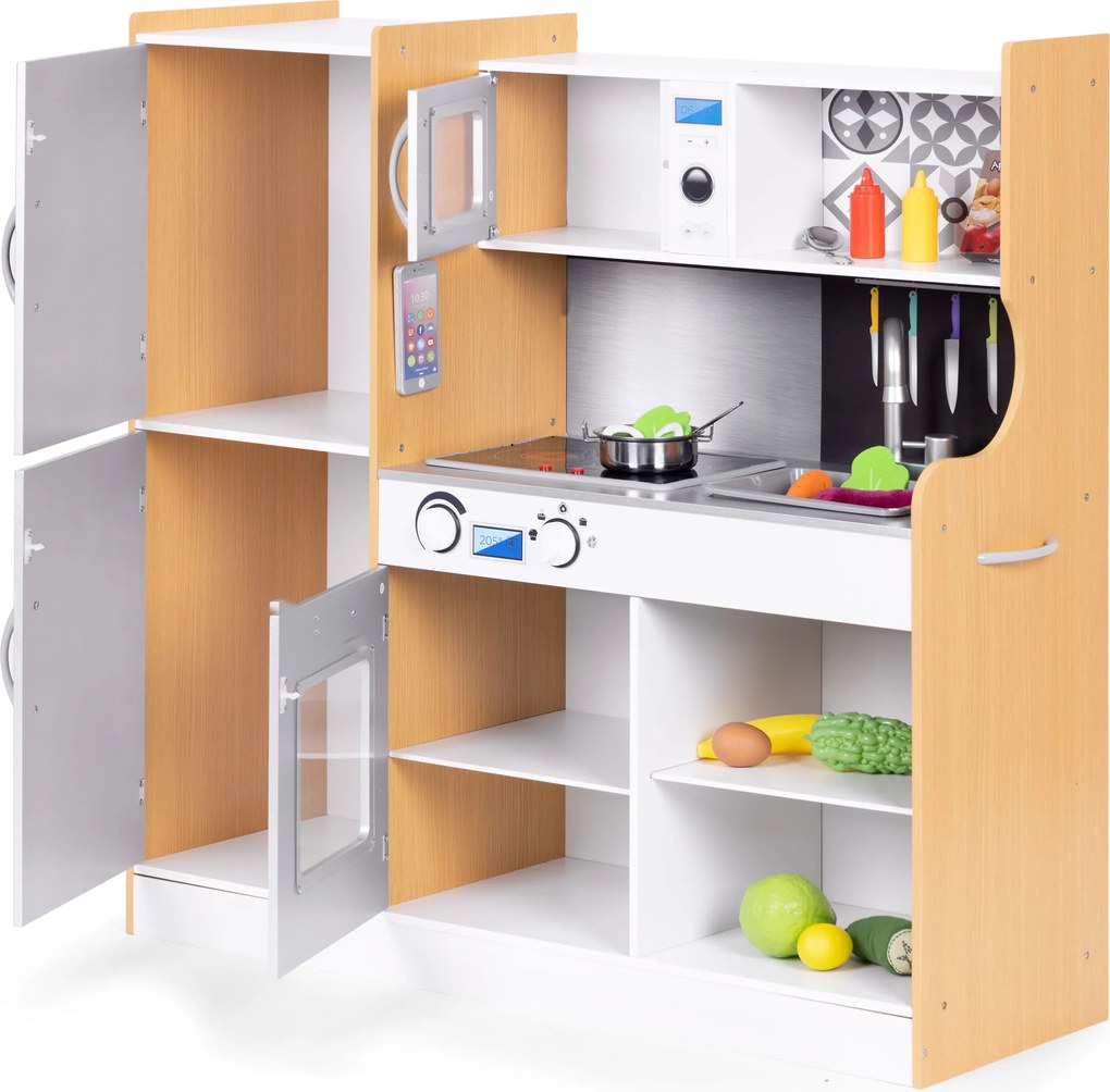 Detská drevená kuchynka ECOTOYS s LED, zvukom a tabuľou