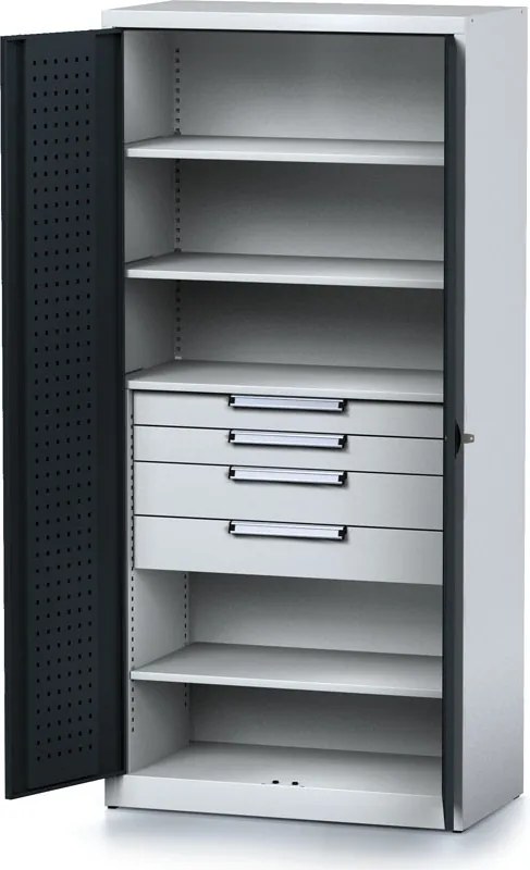 Dielenská skriňa MECHANIC, 1950x920x500 mm, 4 police, 4 zásuvky grafitová dvere