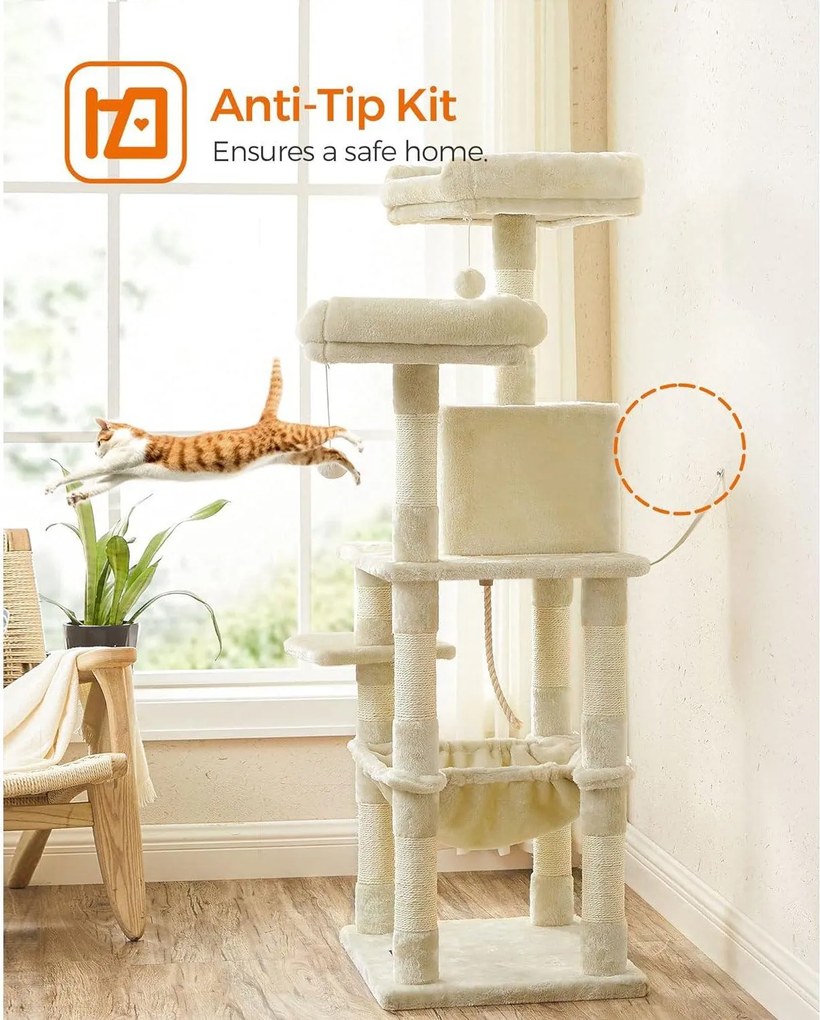 Mačací strom, škrabadlo s 2 výhliadkami, výška 143 cm, béžový