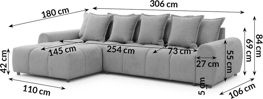 Sivá rohová pohovka (ľavý roh/s leňoškou) Albane – Ropez