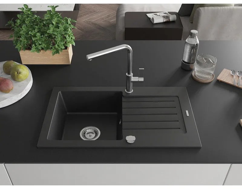 Mexen Pablo, 1-komorový granitový drez 752x436x161 mm a drezová batéria Flora, čierna, 6510-77-670401-00