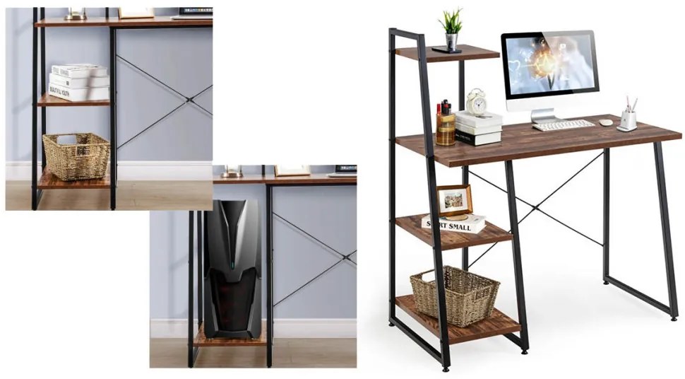 Kompaktný počítačový stôl, pracovná stanica so 4 policami