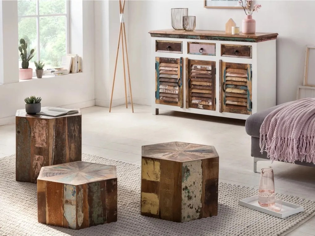 furniture-nabytek.cz - Sada 3 konferenčních stolků Wakefield z recyklovaného tvrdého dřeva, lakovaná, vícebarevná, šestihranná