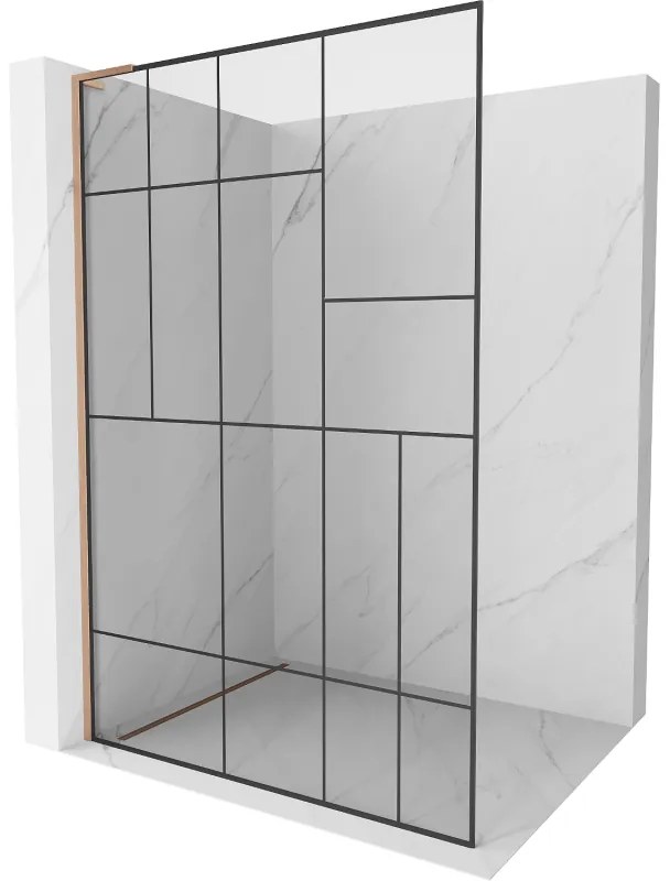 Mexen Kioto L, sprchová zástena Walk-In 80 x 200 cm, 8mm číre sklo čierny vzor, medený matný profil, 800-080-103-65-78