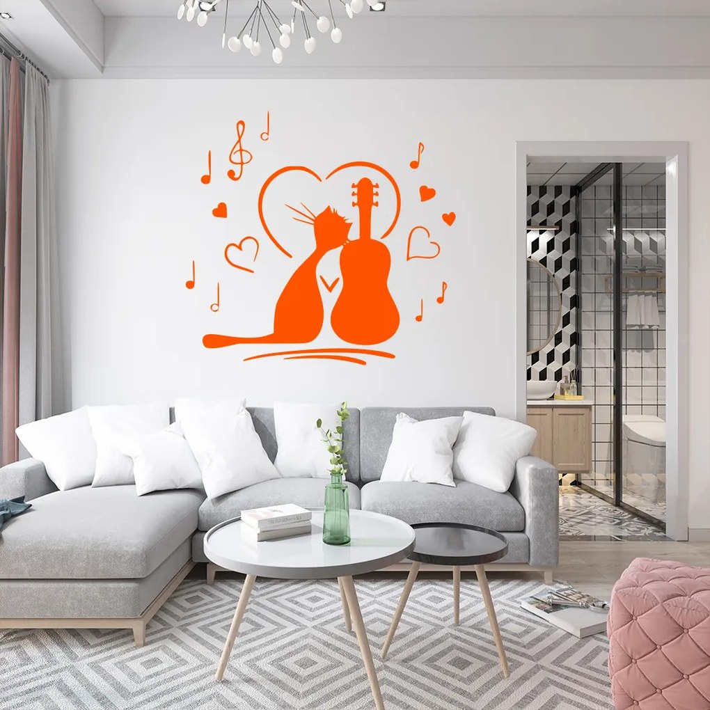 Veselá Stena Samolepka Mačička milujúca hudbu Farba: oranžová, Veľkosť: 80 x 76 cm