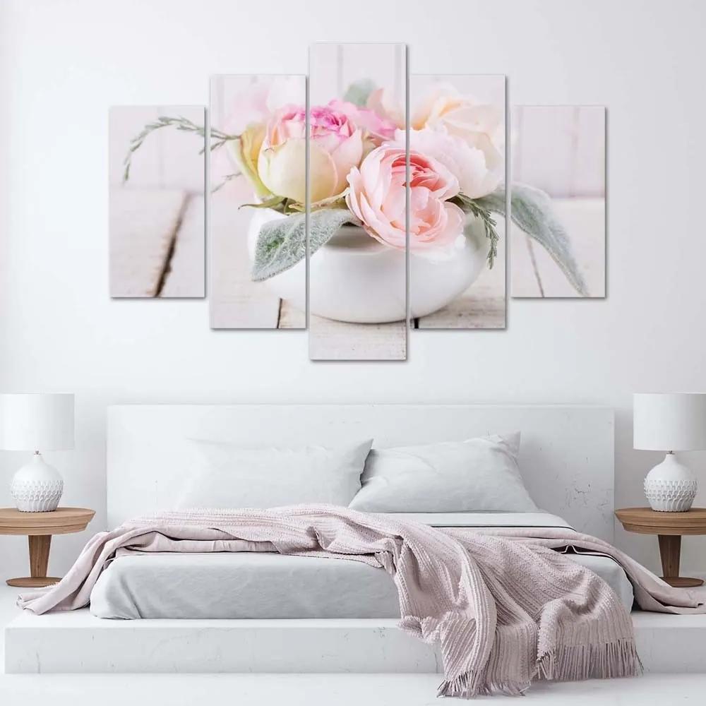 Obraz na plátně pětidílný Růže Váza Květiny Příroda - 150x100 cm