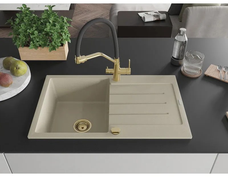 Mexen Bruno, 1-komorový granitový drez 795x495x200 mm a drezová batéria Duo, béžová, 6513-69-671701-57-G
