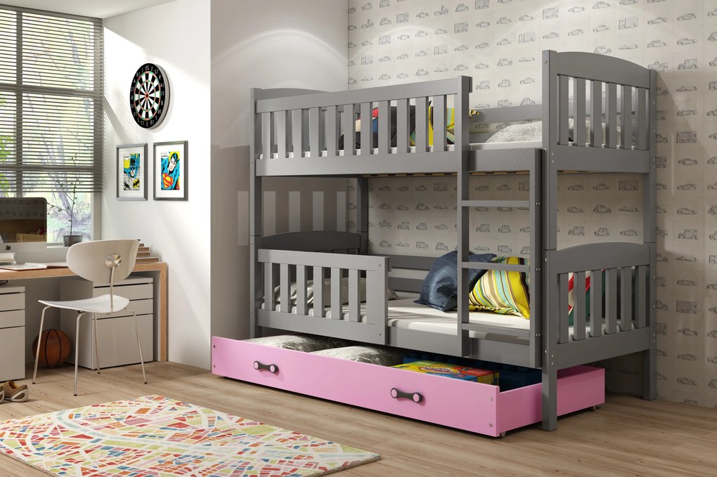 Interbeds Poschodová posteľ Kubus grafit so šuplíkom190cm x 90cm - ružová