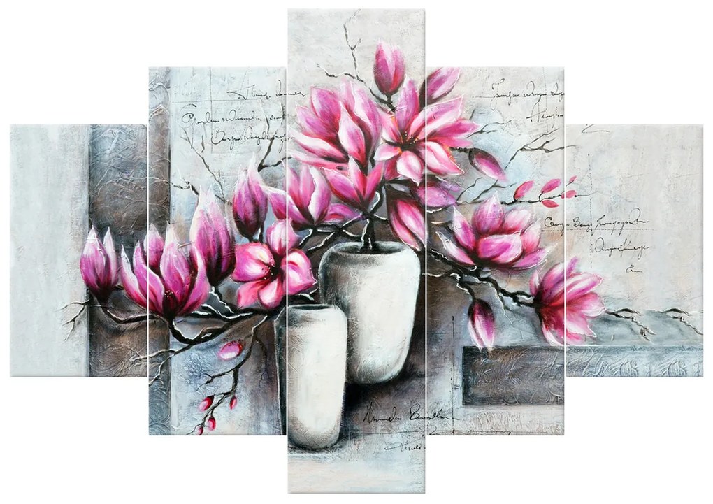 Gario Ručne maľovaný obraz Ružové magnólie vo váze - 5 dielny Rozmery: 100 x 70 cm