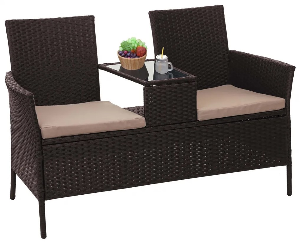 Záhradná lavica so stolíkom E24 - umelý ratan, 132cm - Hnedá, sedáky krémová