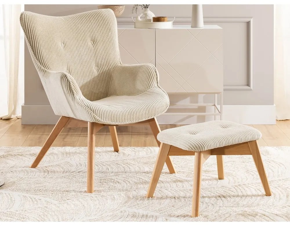 Béžové menčestrové kreslo s podnožkou Niko – Ropez