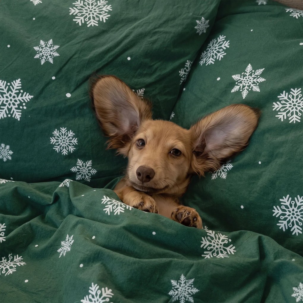 Goldea vianočné flanelové posteľné obliečky - snehové vločky na zelenej 150 x 200 a 50 x 60 cm