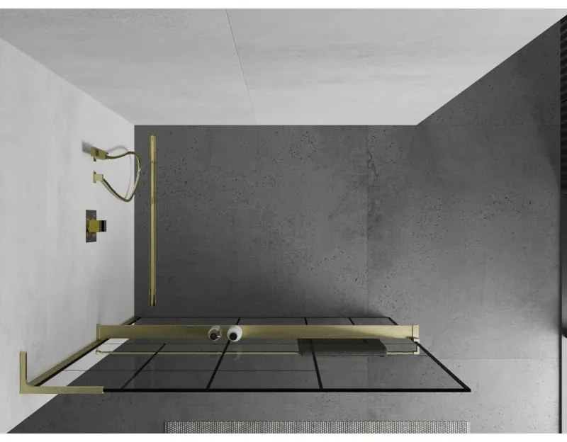 Mexen Kioto+ L, sprchová zástena Walk-In s poličkou a vešiakom 100 x 200 cm, 8mm číre sklo čierny vzor, zlatý matný profil, 800-100-123-55-78