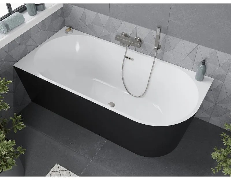 Mexen Mia, voľne stojaca rohová vaňa, lavá, 150 x 75 cm, biela-čierna, brúsená oceľ prepad, 52691507575L-97