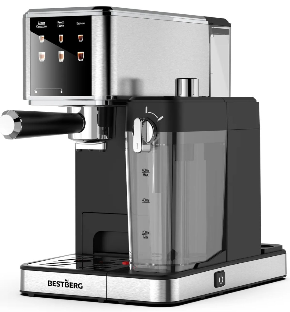 Pákový kávovar s napeňovačom mlieka BestBerg BBCF-2032 / 1350 W / 1,2 l / 20 bar / strieborná/čierna