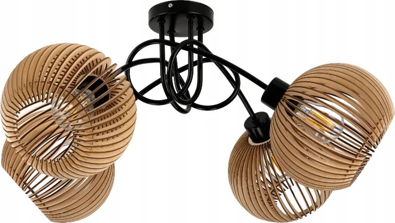 LED LOFT lampa, špiralová, drevená, 4xe27, do miestnosti, dekoračný drevený luster