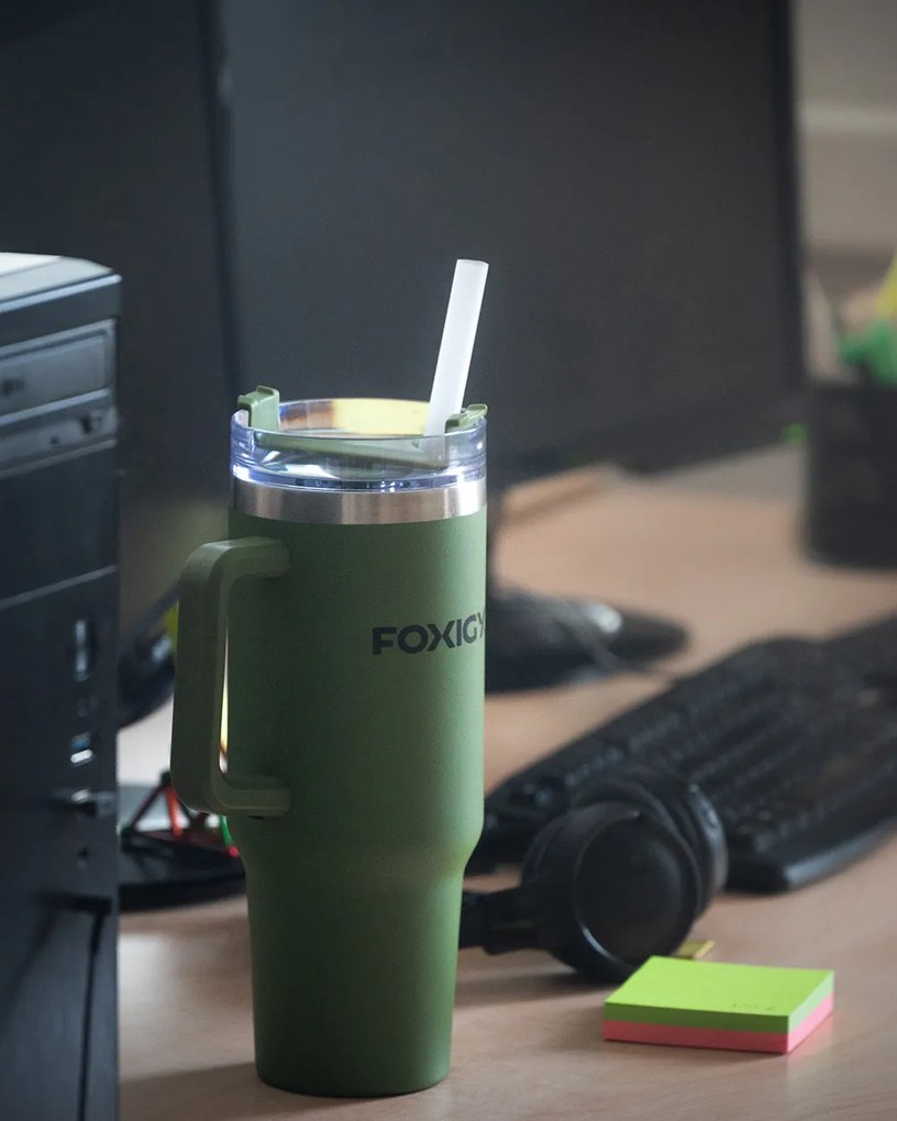 Foxigy Termohrnček do auta so slamkou 1200 ml Army green