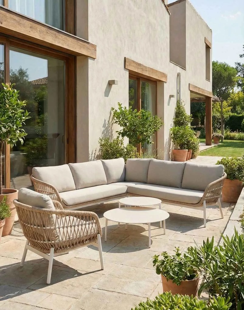 Záhradná zostava Malta: rohová pohovka, kreslo a 2 stolíky (pre 6 osôb)